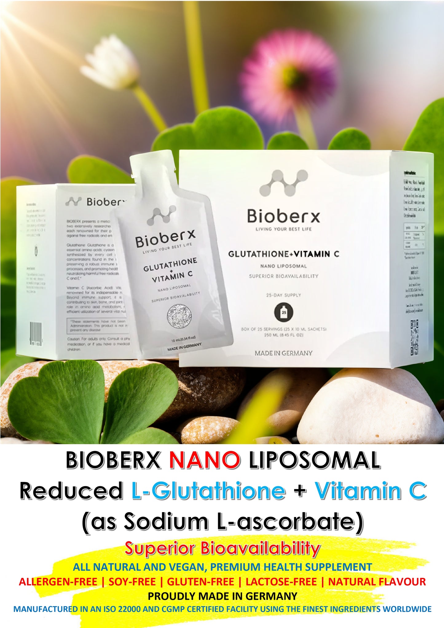 BIOBERX NANO LIPOSOMAL REDUCED L-GLUTATHIONE 400MG + VITAMIN C 700MG (SODIUM L-ASCORBATE) | SUPERIOR BIOAVAILABILITY | ALL NATURAL PREMIUM HEALTH SUPPLEMENTS | MADE IN GERMANY