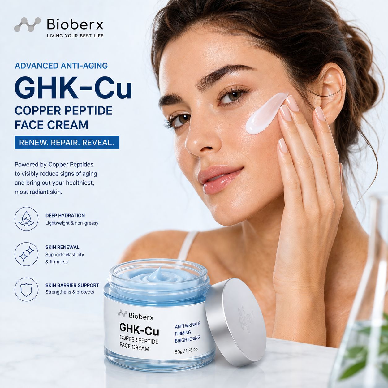 Bioberx GHK-Cu Copper Peptide Face Cream - Anti-aging, Firming & Skin Repair (50g)