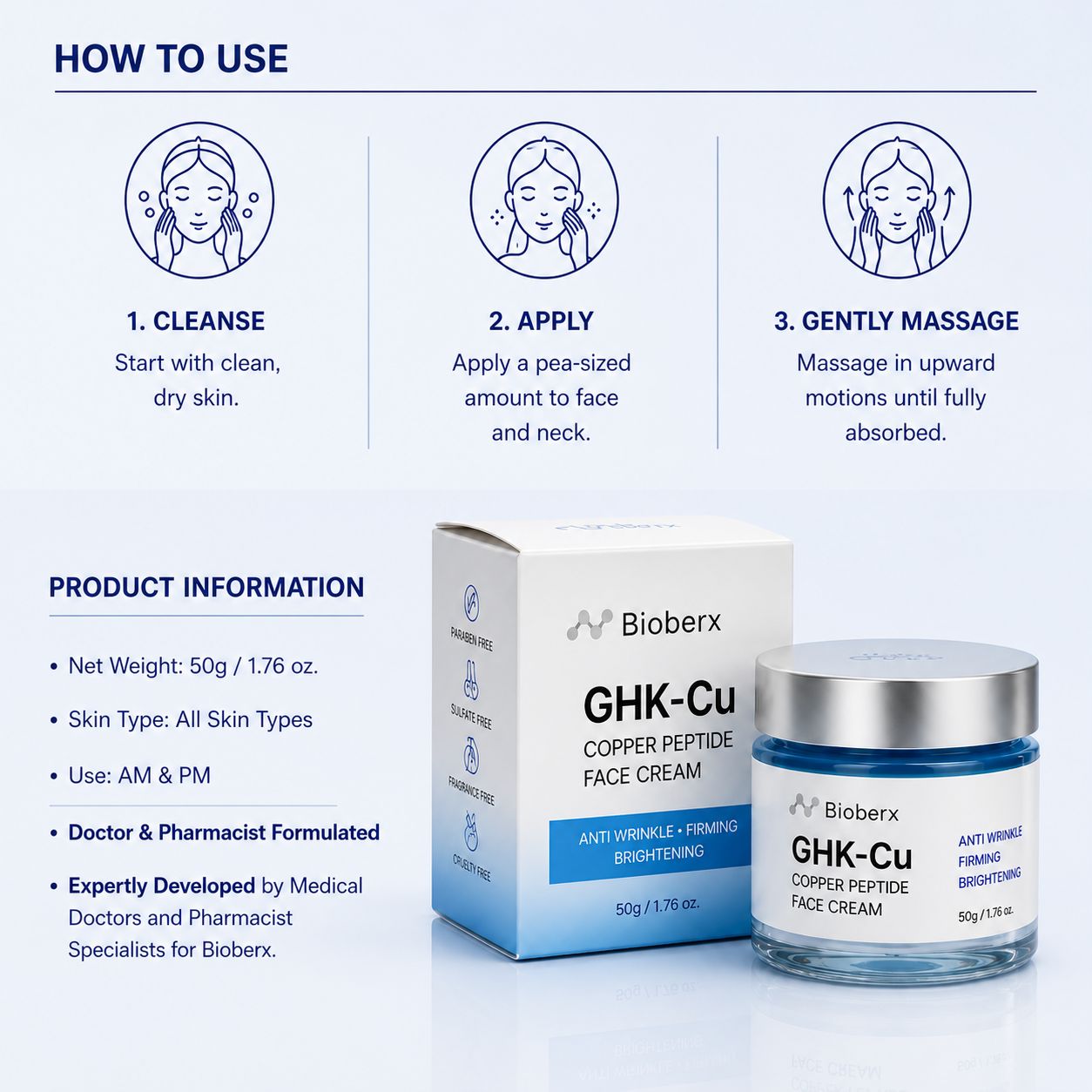 Bioberx GHK-Cu Copper Peptide Face Cream - Anti-aging, Firming & Skin Repair (50g)