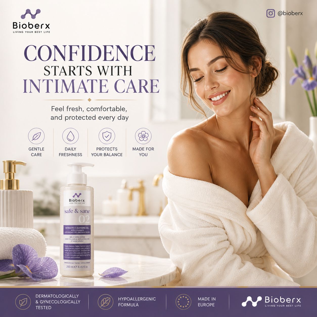 Bioberx Intimate Cleansing Gel with Collagen, Iris Isoflavones & Nano Silver - Gentle Daily Care