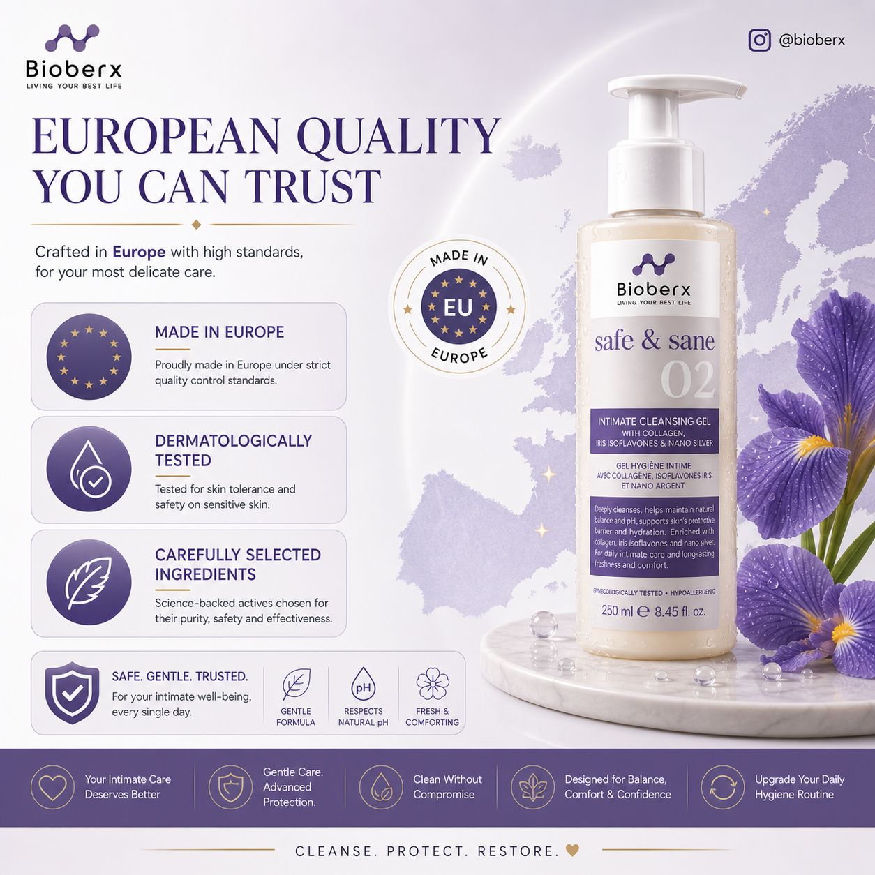 Bioberx Intimate Cleansing Gel with Collagen, Iris Isoflavones & Nano Silver - Gentle Daily Care
