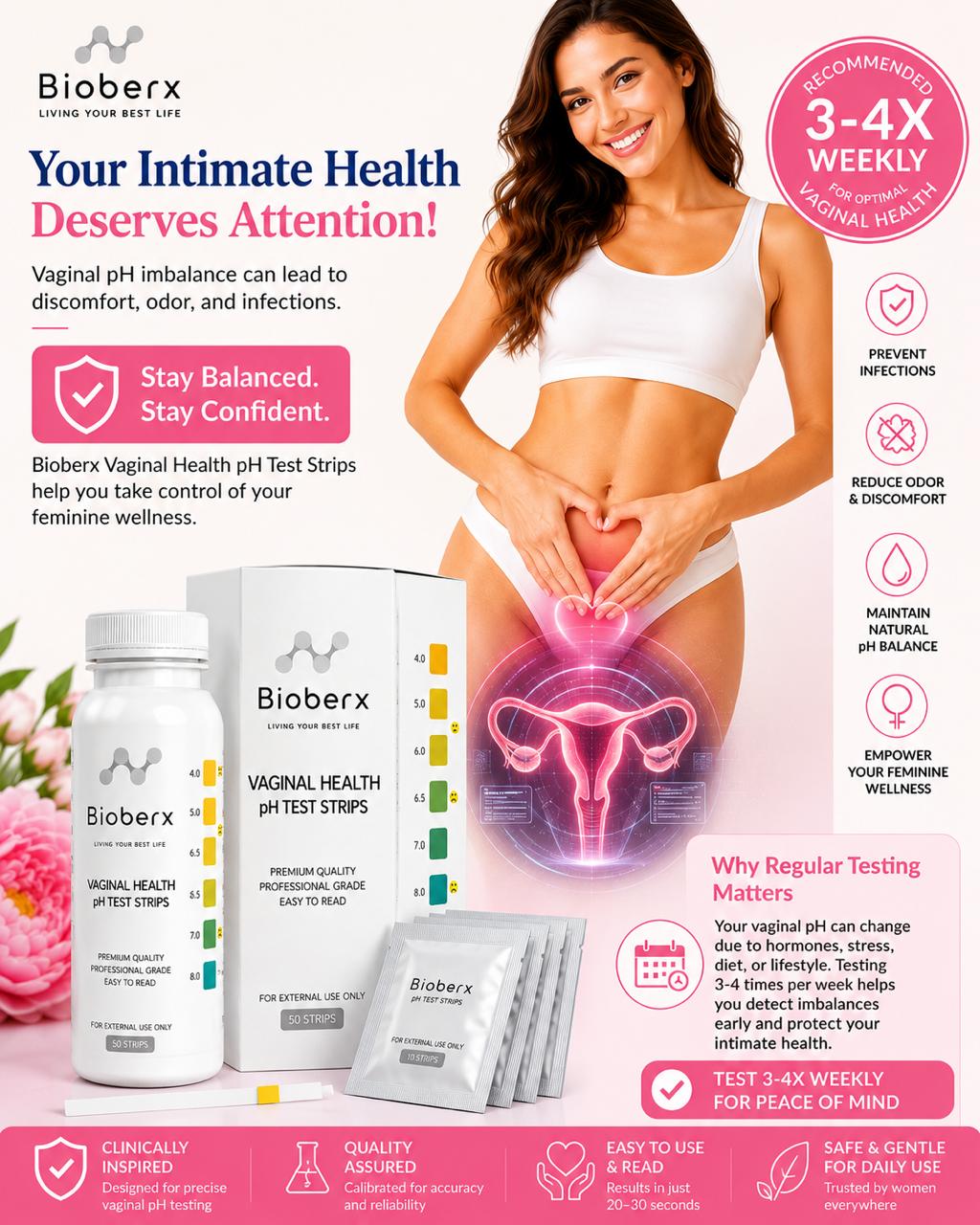 Bioberx Vaginal Health pH Test Strips (50 Professional-Grade Strips) | Feminine pH Monitor